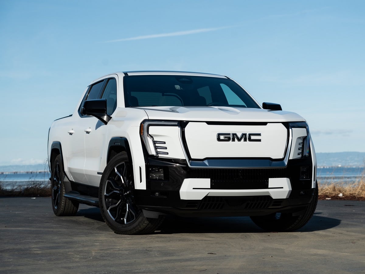 2025 GMC Sierra EV Denali Summit White Front Quarter View