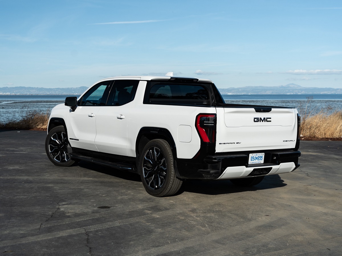 2025 GMC Sierra EV Denali Summit White Rear Quarter View