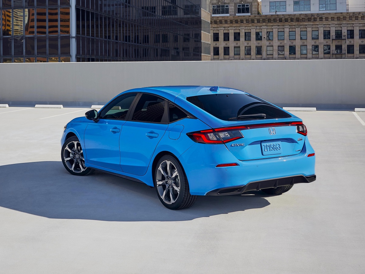 2025 Honda Civic Hatchback Sport Touring Hybrid Blue Rear Quarter View
