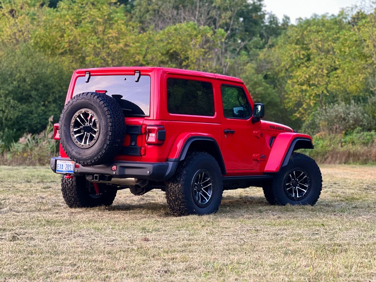 2025 Jeep Wrangler Rubicon X Firecracker Red Rear Quarter View