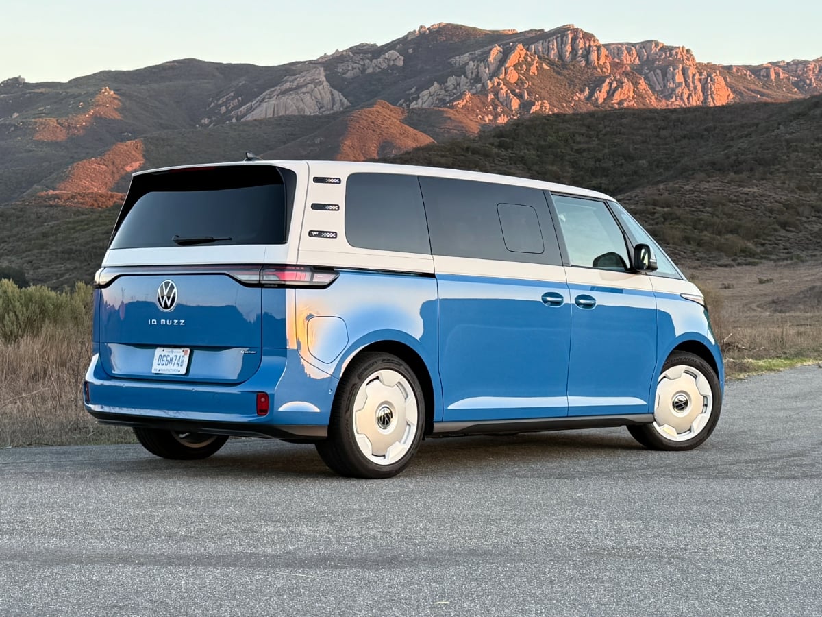 2025 Volkswagen ID Buzz Blue White Rear Quarter View