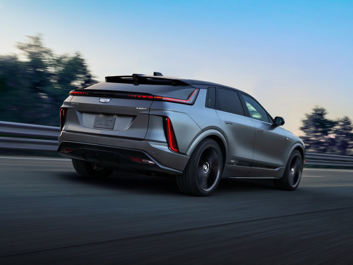2026 Cadillac Lyriq-V Magnus Metal Frost Rear Quarter View Action