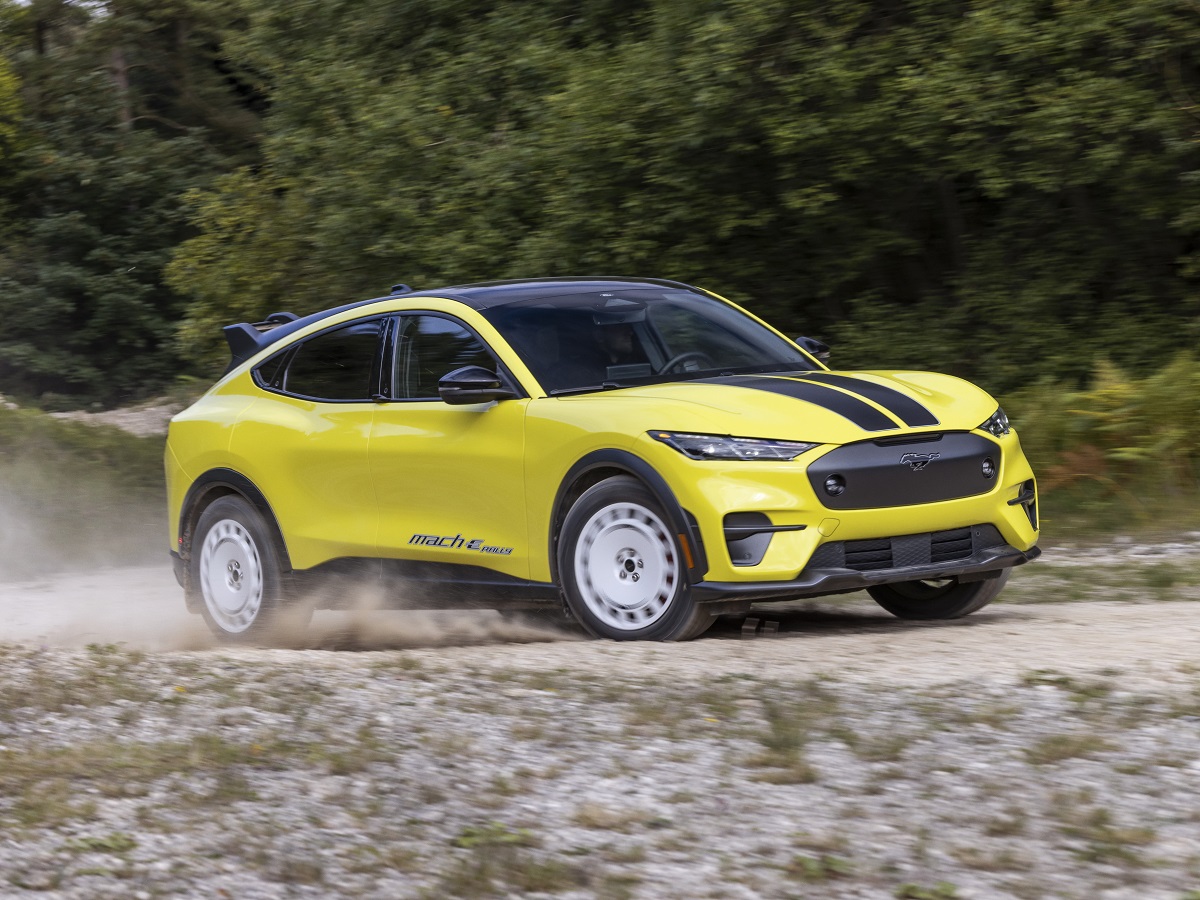 2026 Ford Mustang Mach-E Rally Yellow Front Quarter View Off-Road