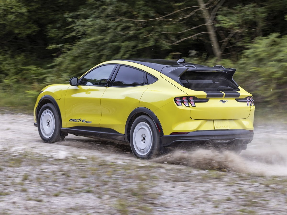2026 Ford Mustang Mach-E Rally Yellow Rear Quarter View Off-Road