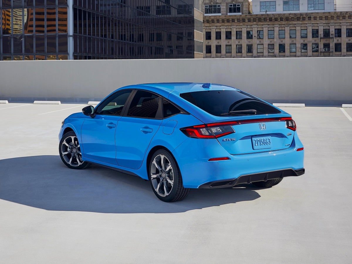 2026 Honda Civic Hatchback Sport Touring Hybrid Blue Rear Quarter View