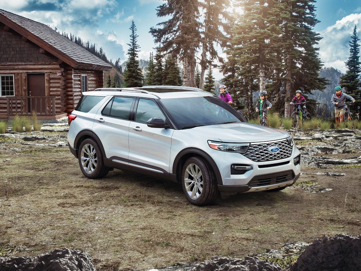 2021 Ford Explorer Platinum White Parked at a Cabin
