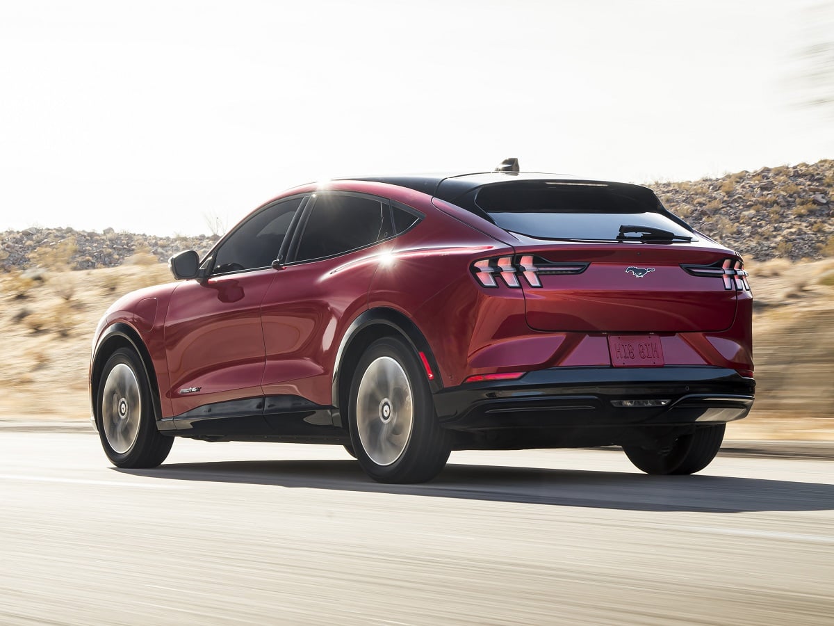 2023 Ford Mustang Mach-E Red Rear Quarter View Action