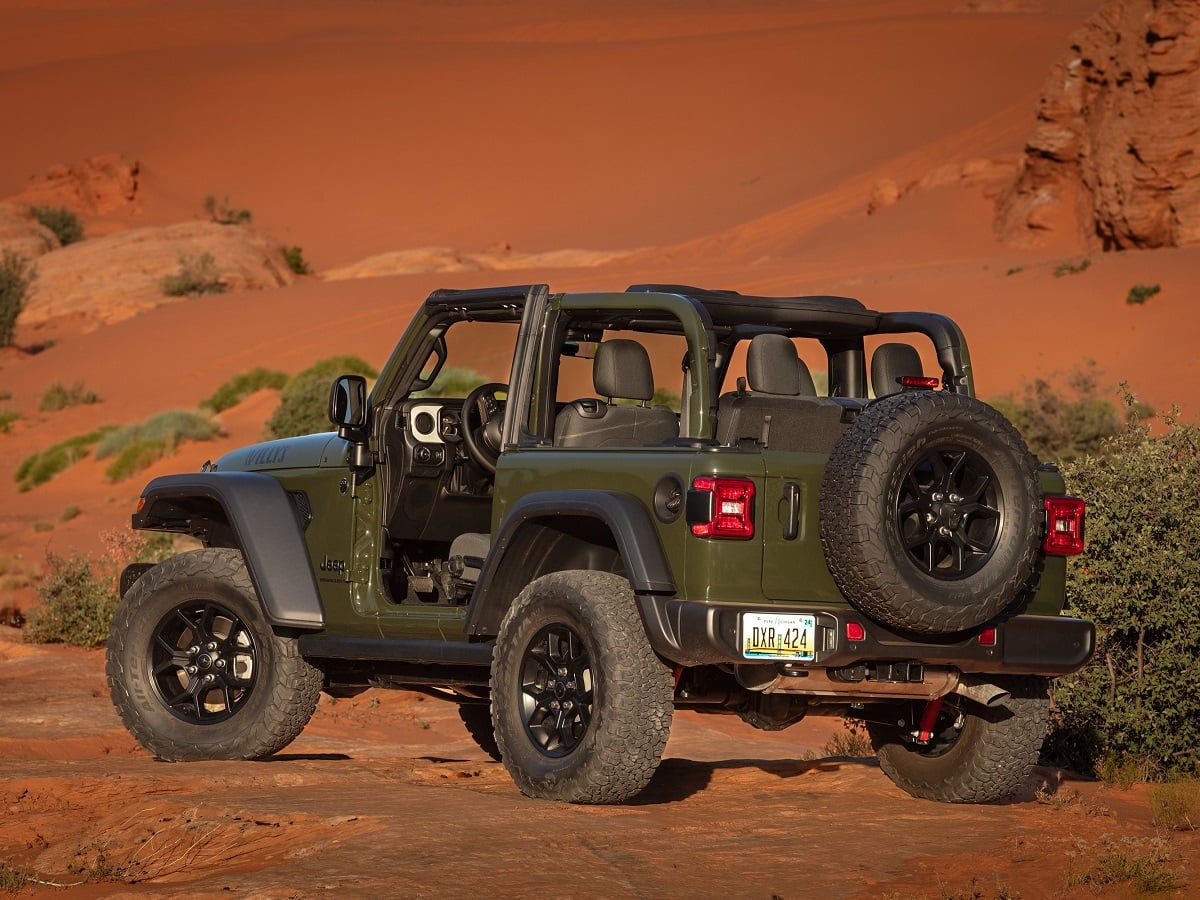 2024 Jeep Wrangler Willys 2-Door Green Rear Quarter View